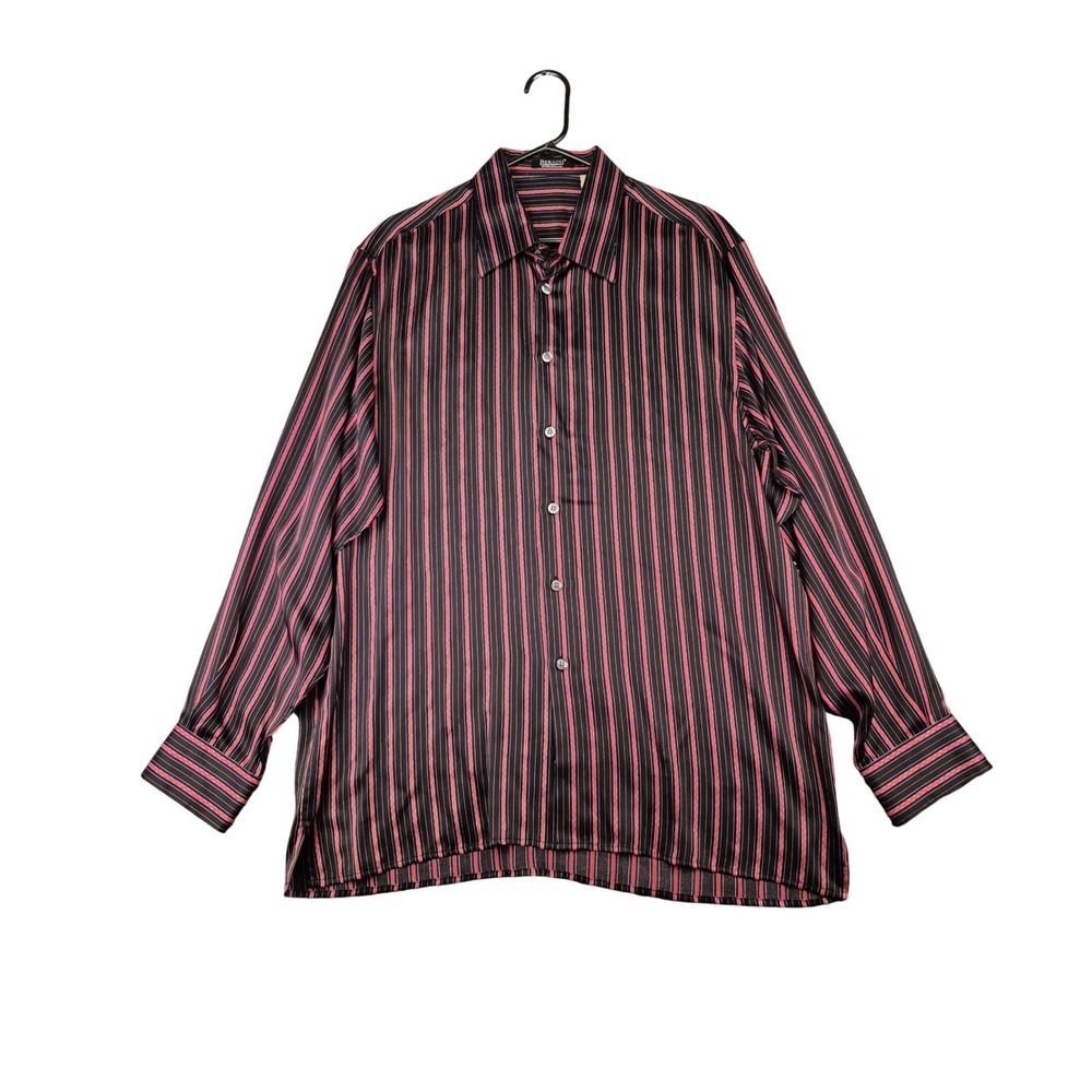Bernini Platinum‎ Mens XXL 100% Silk Striped Long Sleeve Button Down Shirt Black